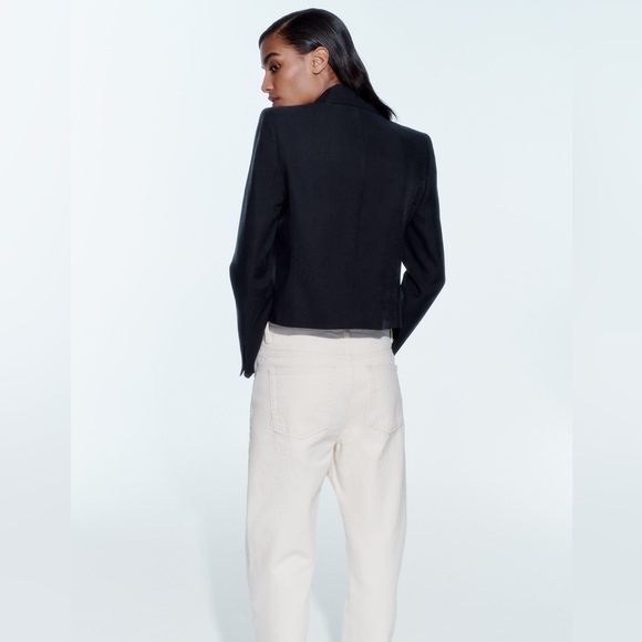 NWT ZARA CROPPED SHOULDER PAD NAVY BLAZER XS - Picture 7 of 9